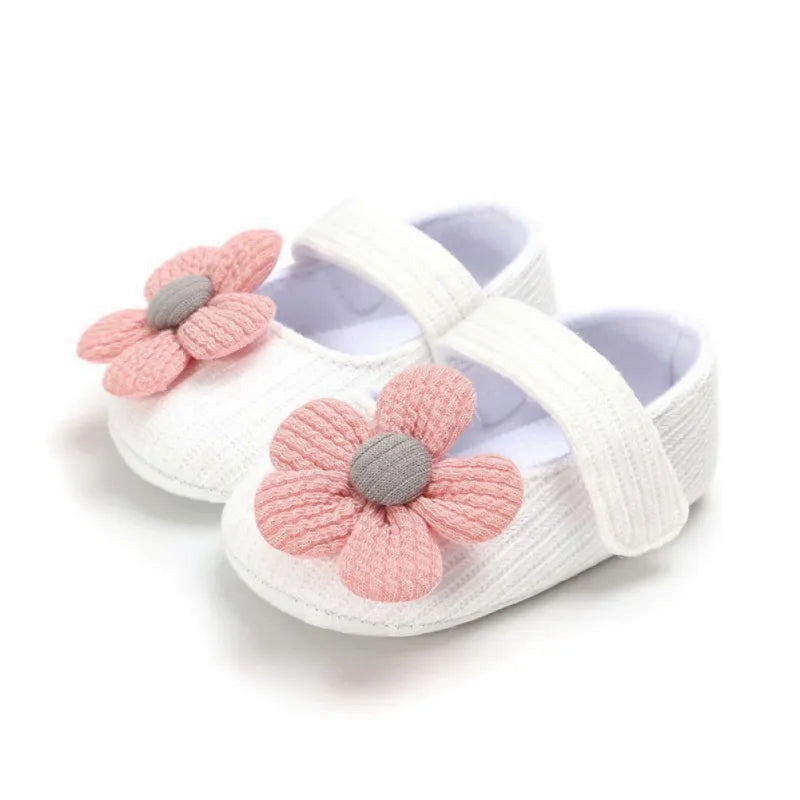 Soft sole baby girls anti-slip sneakers, white with a striped bow, infant footwear.