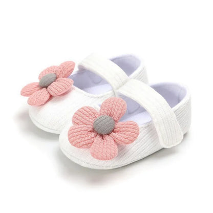 Soft sole baby girls anti-slip sneakers, white with a striped bow, infant footwear.