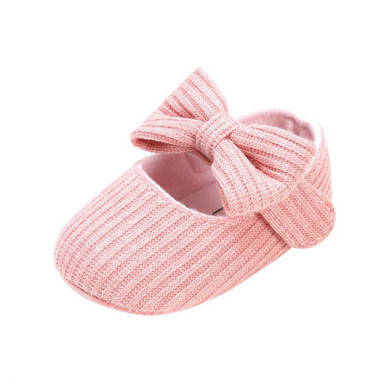 Christening baby shoes, white anti-slip bow sneakers, very soft sole for infants.