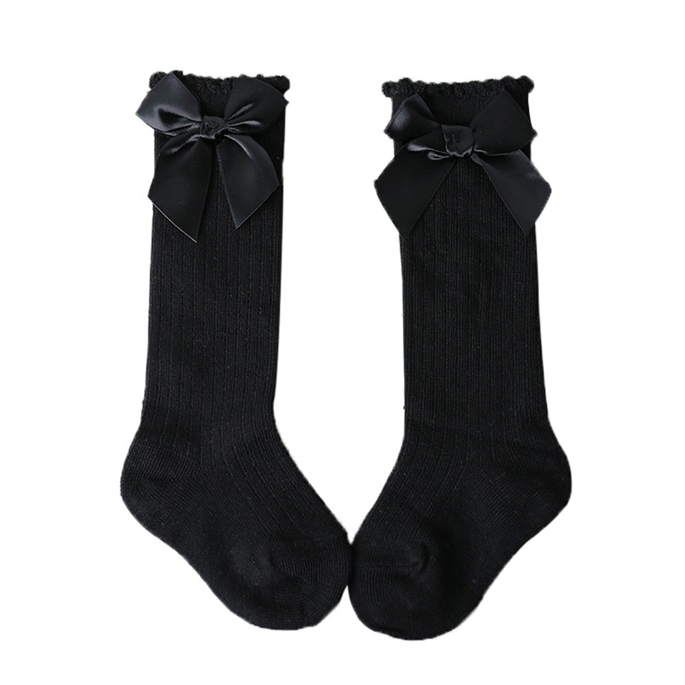 Baby girls' knee-high socks, durable cotton material with charming bowknot