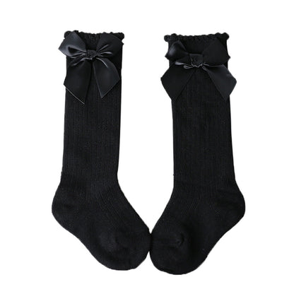 Baby girls' knee-high socks, durable cotton material with charming bowknot