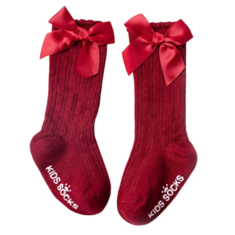 Set of baby girls' bowknot cotton knee-high socks for everyday wear