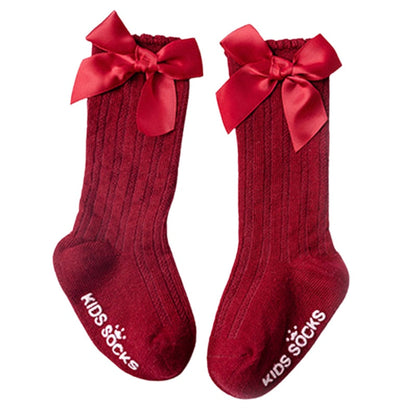 Set of baby girls' bowknot cotton knee-high socks for everyday wear