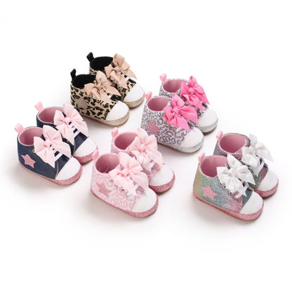 Baby girls' pink canvas hi-top first walker sneakers with bow, anti-slip soft sole