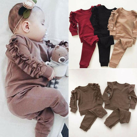 Baby girls' pink cotton sweatshirt and striped pants outfit set, cozy infant autumn wear