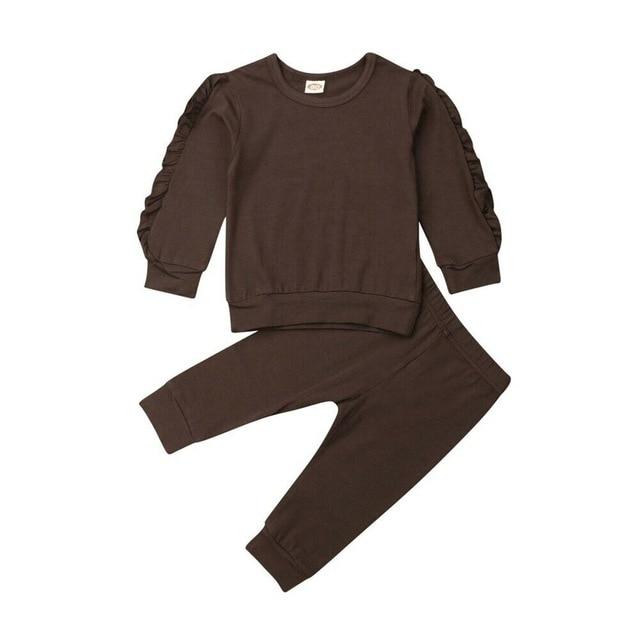 Toddler girl in warm cotton sweatshirt and matching pants, comfy casual baby outfit