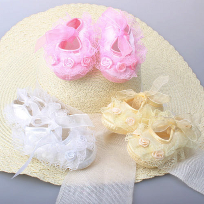 Newborn baby girl fashion: adorable floral lace satin soft sole shoes for special occasions.