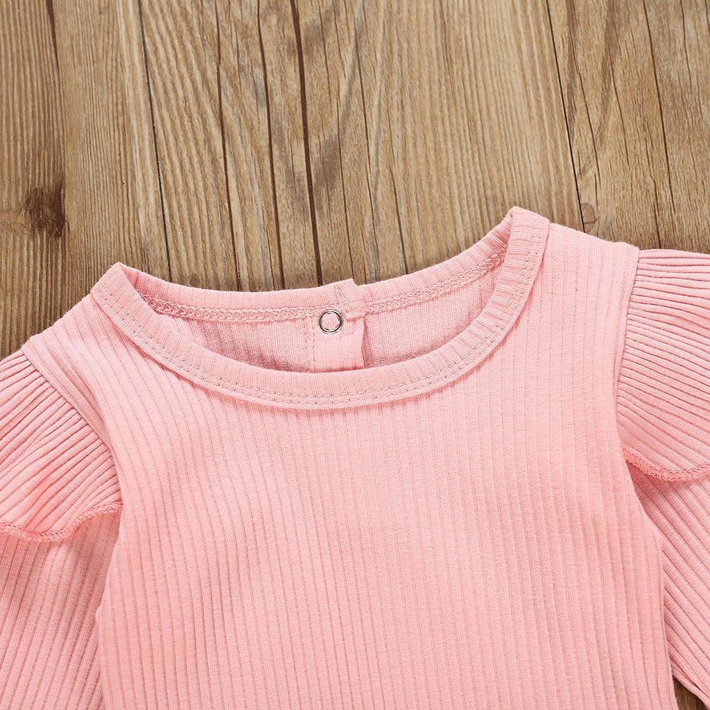 Yellow floral print baby girls' romper and skirt set. Soft cotton blend baby fashion apparel.