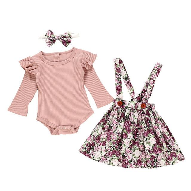 Baby girls' mauve floral summer outfit. Ruffled romper & skirt set, perfect for warm weather.