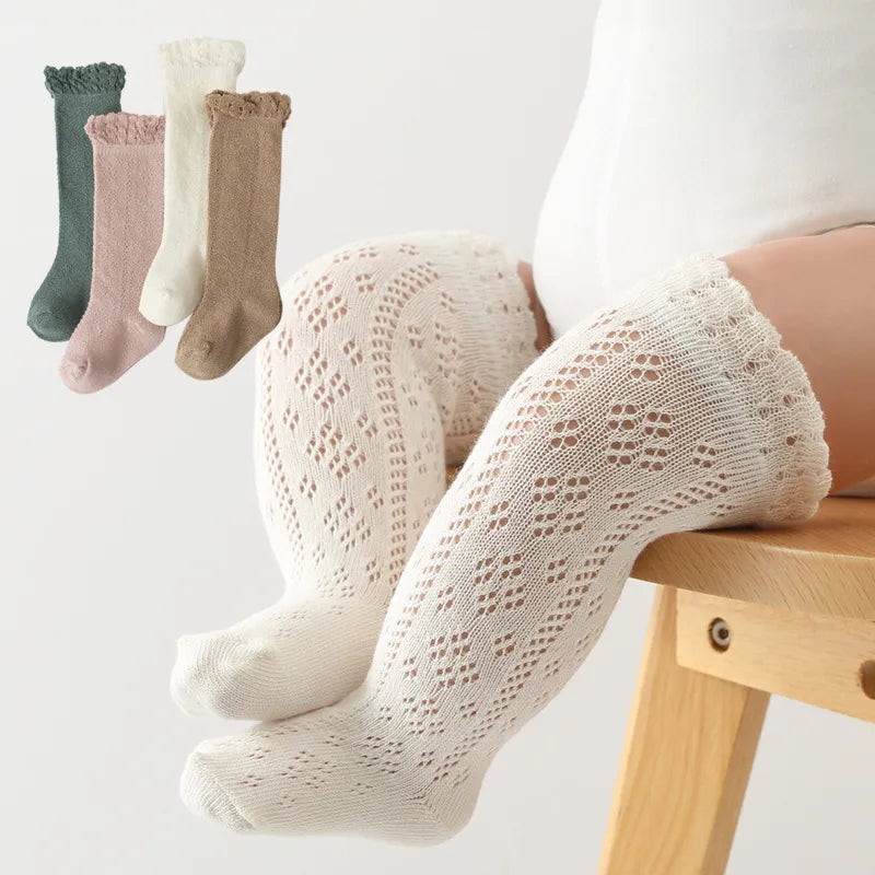 Baby girls' pink hollow knit knee-high socks, breathable cotton blend for spring/summer