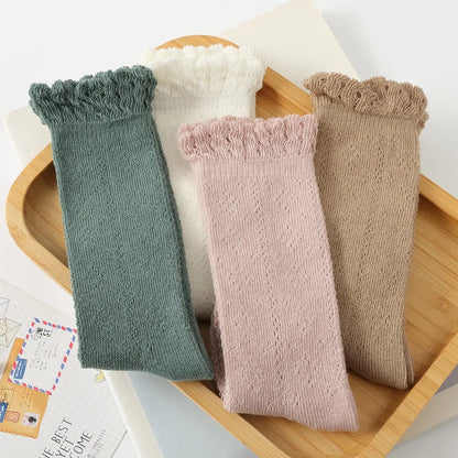 Close-up of hollow knit texture on baby girls' knee-high socks, soft & breathable for summer