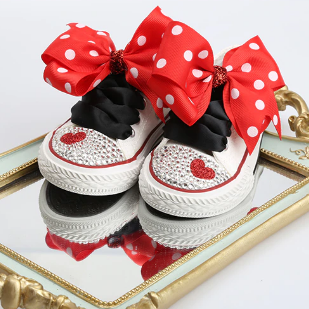 Handmade baby girl canvas shoes, white with black polka dots and a cute front bowknot.