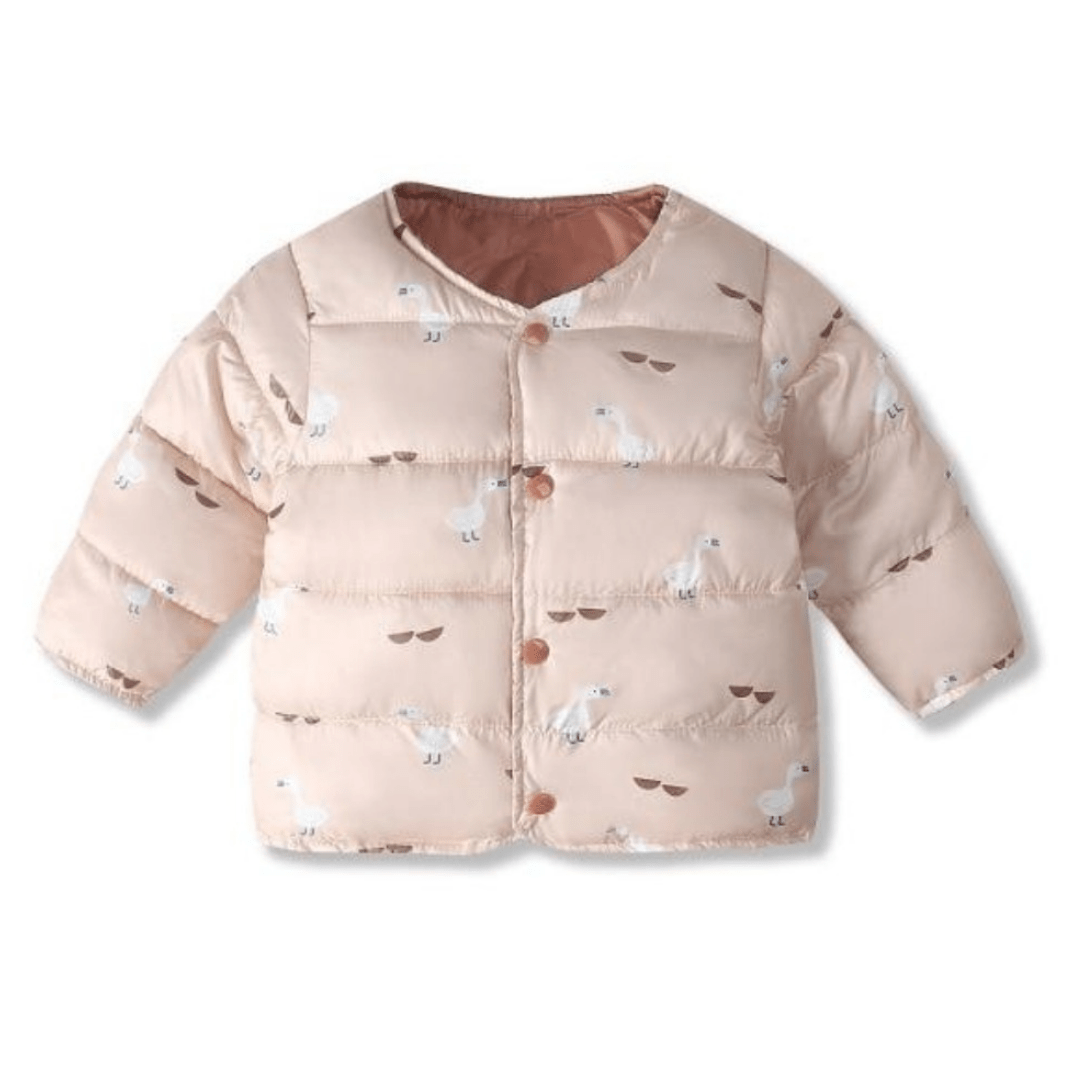 Baby girls' pink winter parka jacket with cute scattered duck pattern, warm outerwear.