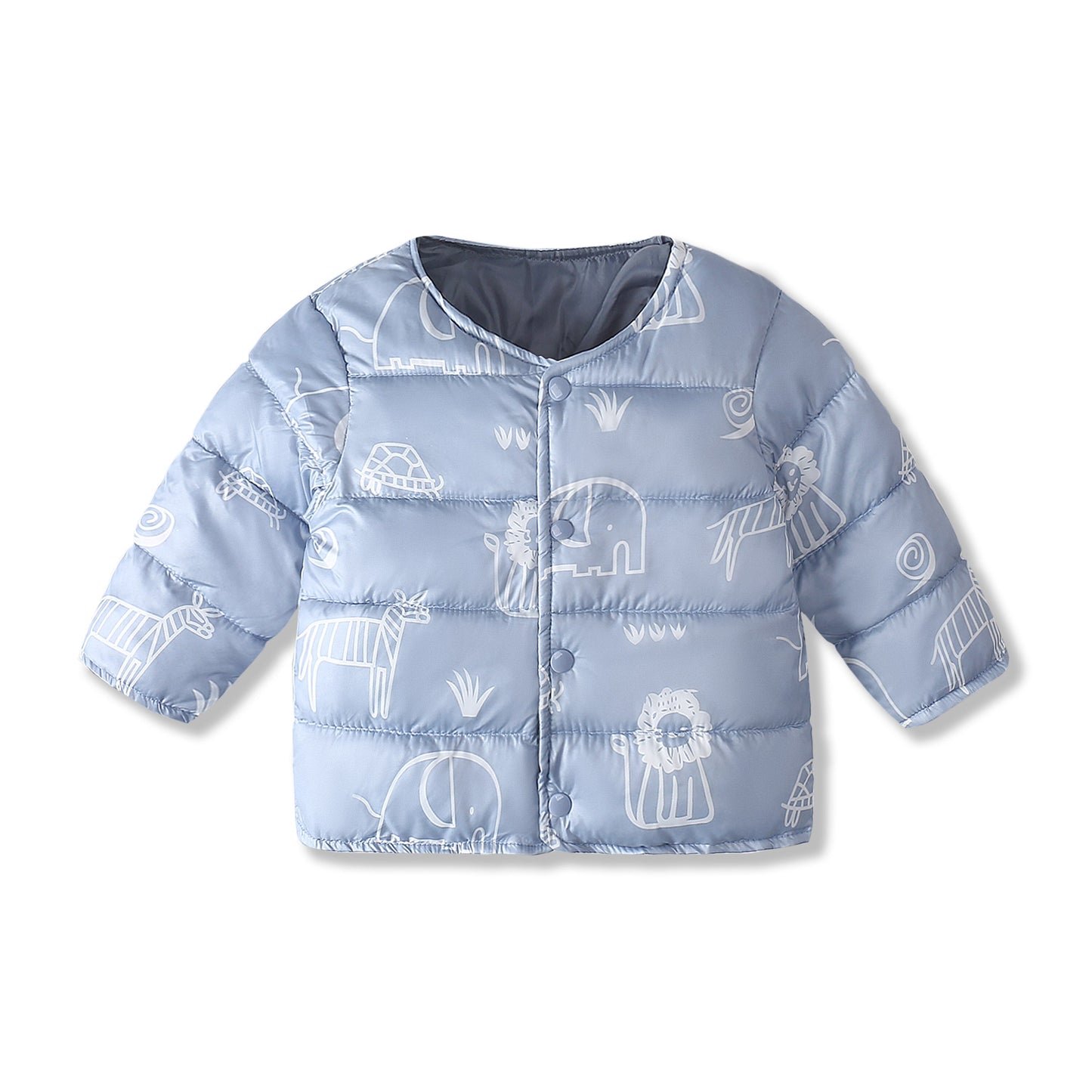 Flat lay of baby girls' pink duck pattern winter parka, showing full design and warmth.