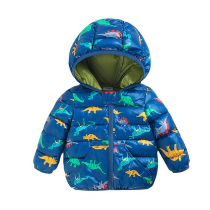 Infant girl's pink duck pattern jacket, cozy winter parka for cold weather.