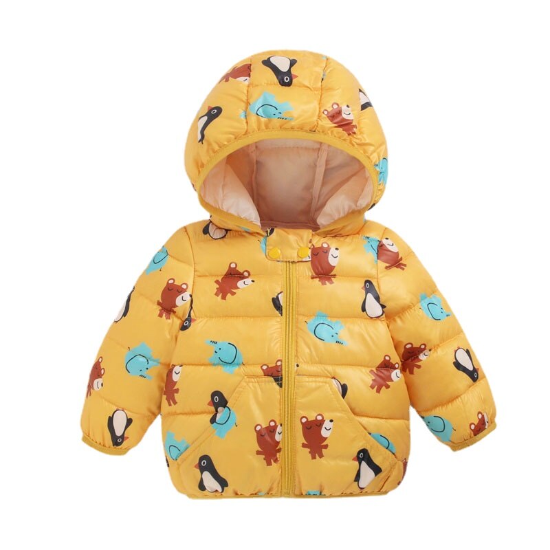 Close-up of pink baby parka with detailed yellow duck pattern, soft and warm outerwear.