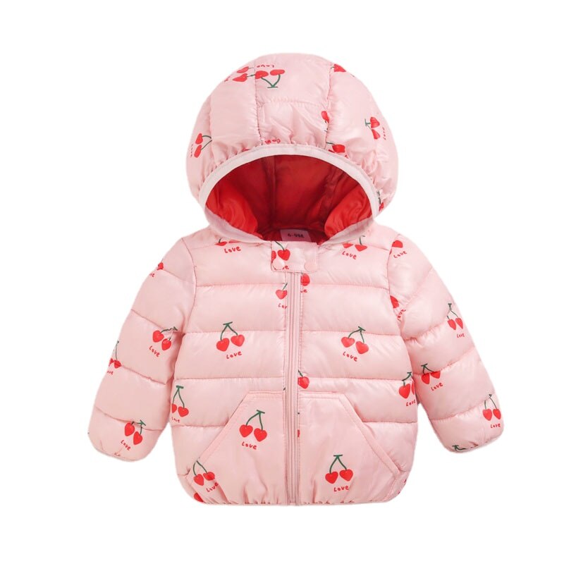 Back view of a warm pink duck pattern winter jacket for baby girls, cute design.