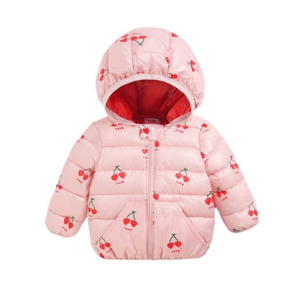 Back view of a warm pink duck pattern winter jacket for baby girls, cute design.