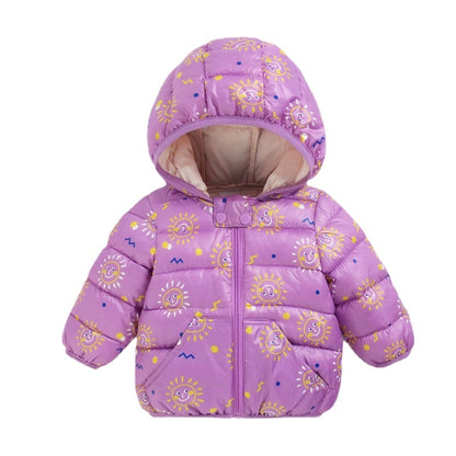 Pink winter parka with hood for baby girls, duck pattern, ideal for cold weather.