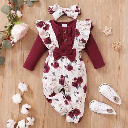 Baby Girls' Red Floral Bodysuit & Strap Pants Set