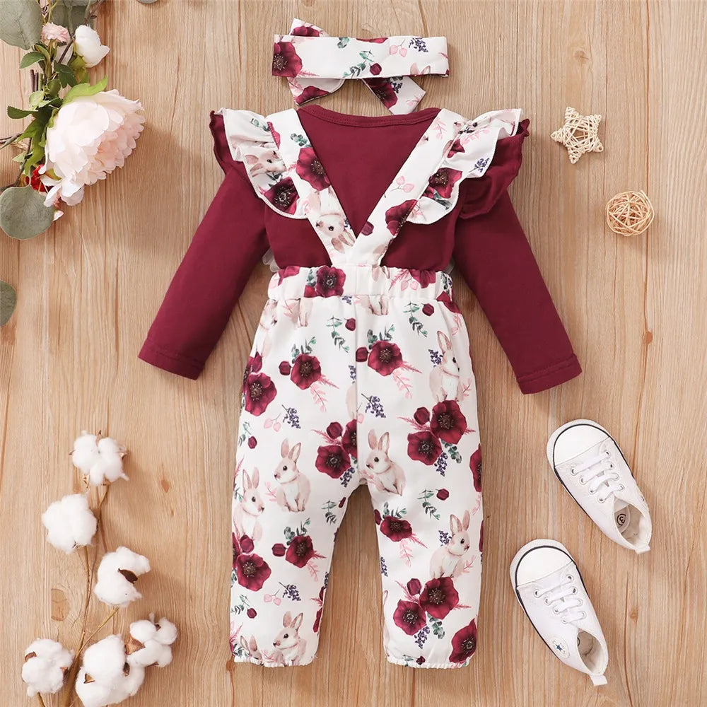 Baby Girls' Red Floral Bodysuit & Strap Pants Set