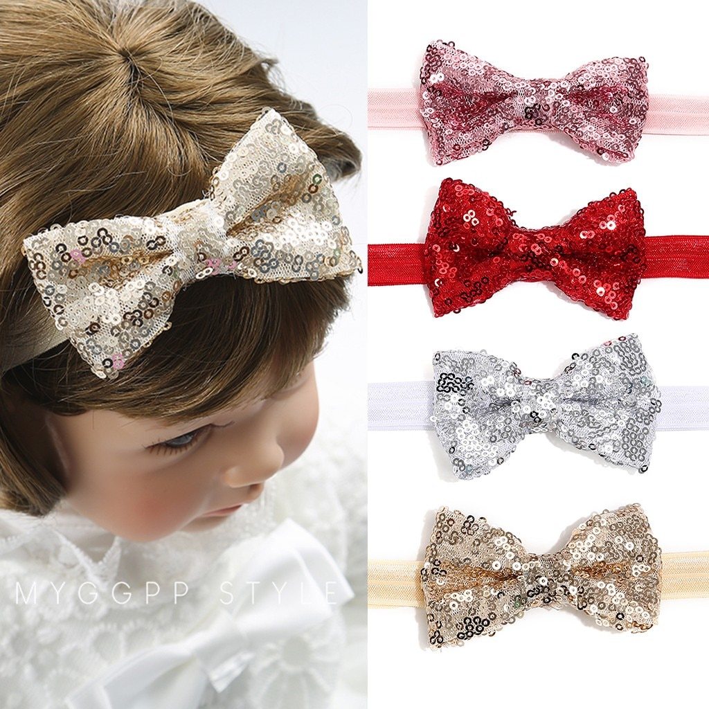 Baby girls' sequin bow headband, pink glitter, soft fabric, perfect for parties and photoshoots