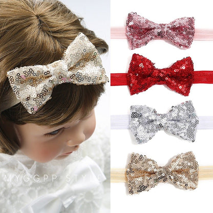 Baby girls' sequin bow headband, pink glitter, soft fabric, perfect for parties and photoshoots