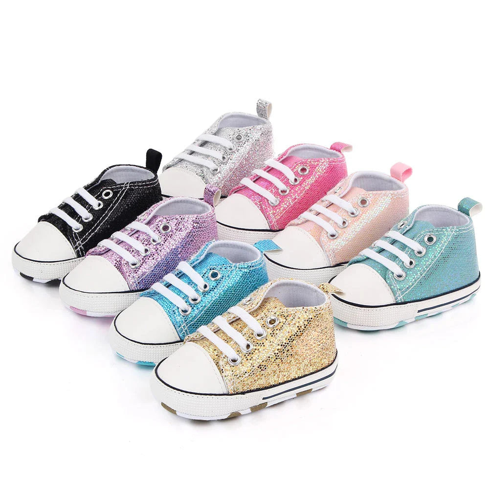 Baby girls' sequined pink canvas first walking shoes with white laces for toddlers