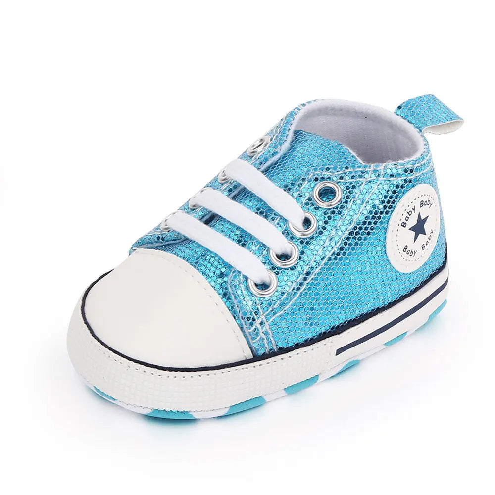 Back view of baby girls' sequin canvas first walking shoes with sturdy heel support