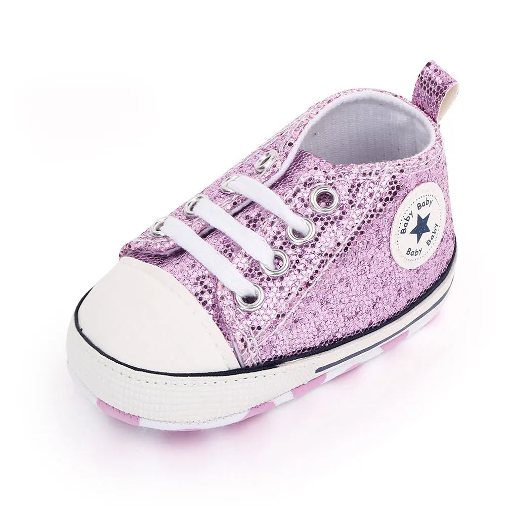 Sparkling pink sequined canvas shoes for baby girls, trendy first walking footwear