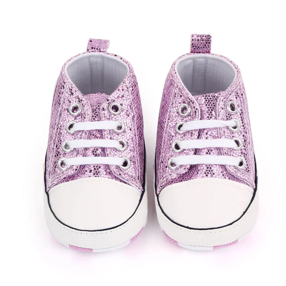 Chic baby girls' sequined canvas lace-up shoes, perfect blend of style and comfort
