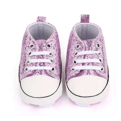 Chic baby girls' sequined canvas lace-up shoes, perfect blend of style and comfort
