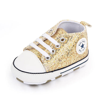 Durable baby girls' canvas shoes with brilliant pink sequins for first-time walkers
