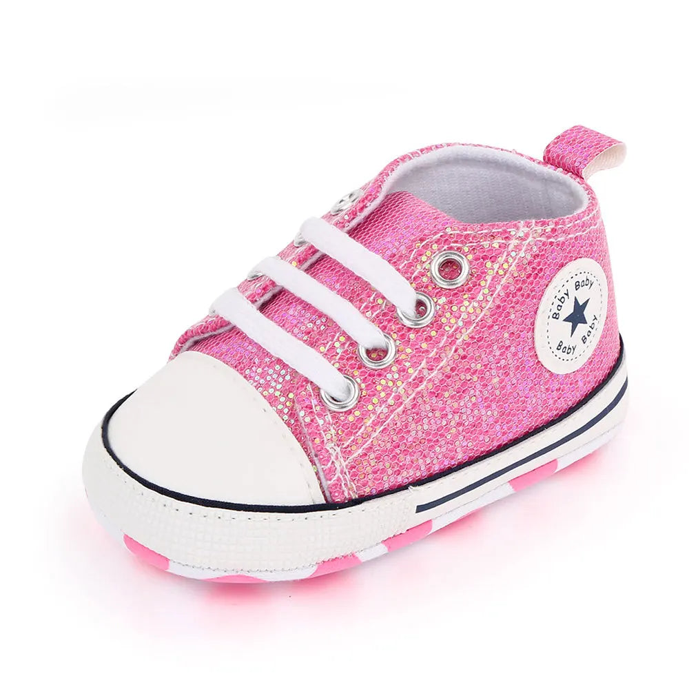Soft-soled sequined canvas shoes for baby girls, promoting natural foot development
