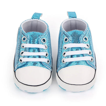 Front view of infant girls' bling sequin canvas shoes, ideal for first steps and casual wear