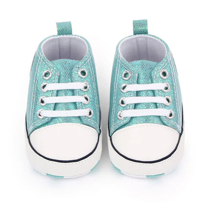 Lace-up sequined canvas shoes for baby girls, stylish first walking footwear for toddlers