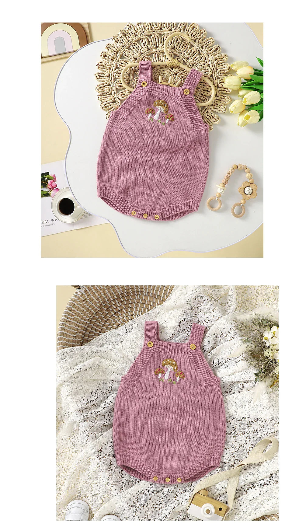 Adorable baby girl in a sleeveless acrylic knit romper, ideal for spring layering.