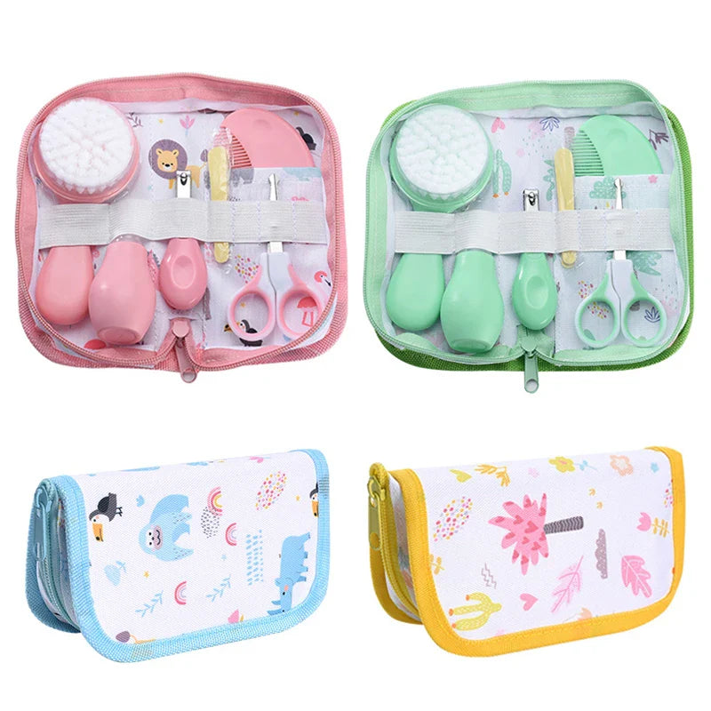 Baby grooming kit for newborn care with nasal aspirator, nail clippers, and brush.