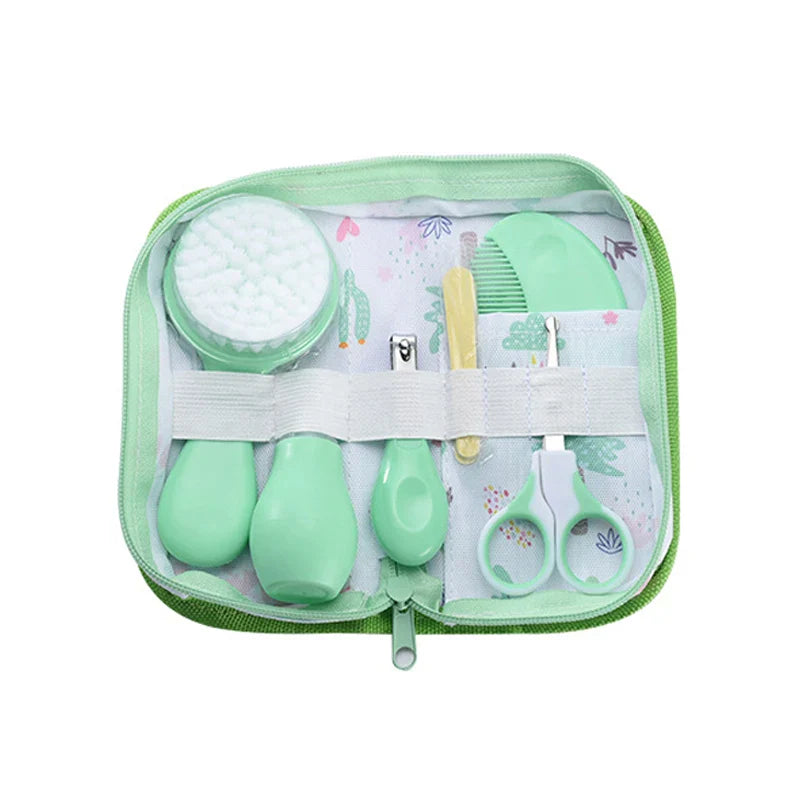 Organized baby grooming kit: essential tools for newborn hygiene and care.