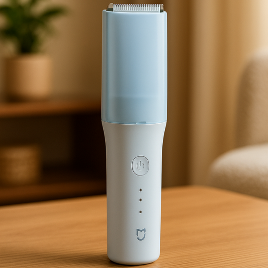 Baby hair trimmer with integrated vacuum, silent operation for infant care, USB rechargeable & waterproof design.