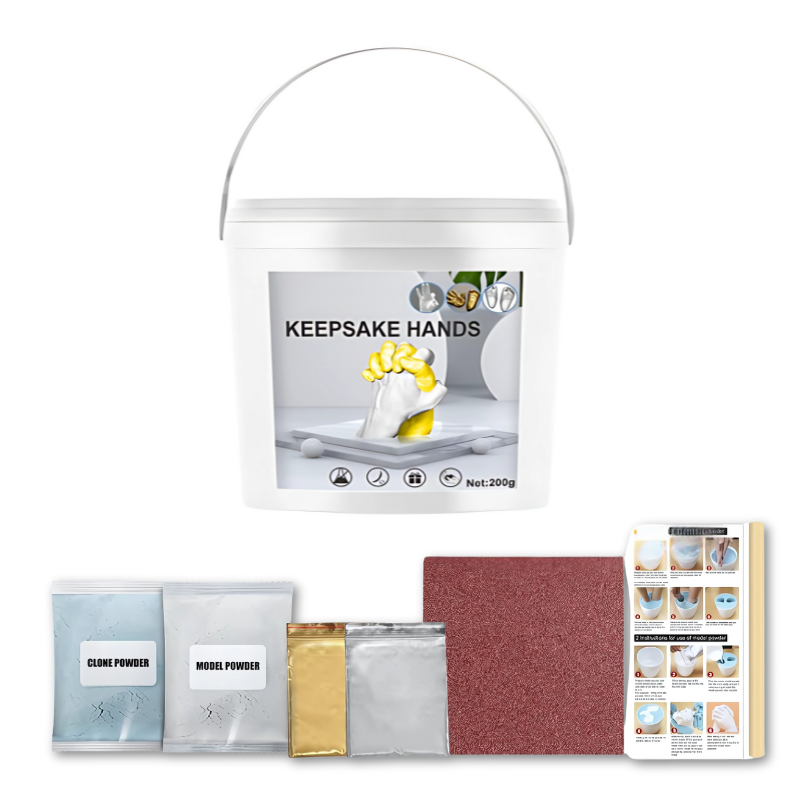 Complete baby footprint and handprint casting kit with materials for a new baby or toddler.