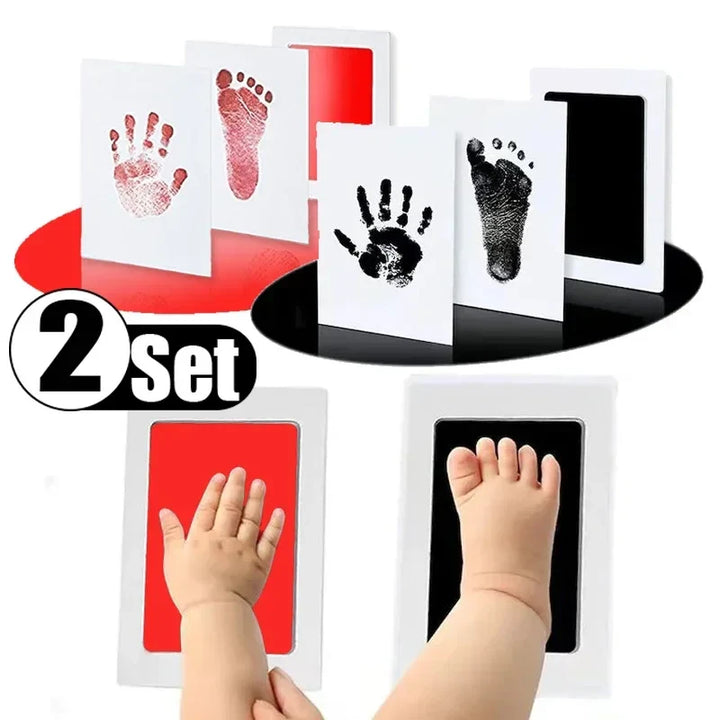 Close-up of inkless handprint kit with baby's tiny hand impression, memory gift