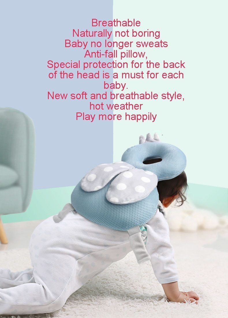 Baby head protection backpack, grey elephant, soft back pillow for fall prevention, infant crawl protector.