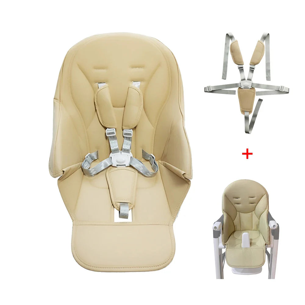 Baby high chair seat cushion with 5-point safety belt, grey PU leather for infant dining comfort
