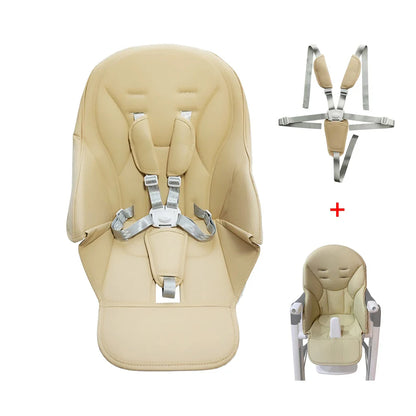 Baby high chair seat cushion with 5-point safety belt, grey PU leather for infant dining comfort
