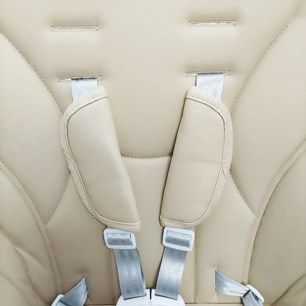 Easy-clean baby high chair cushion in light grey, includes a 5-point safety belt for toddlers