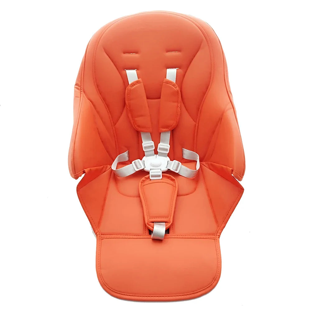 Grey PU leather high chair cushion and 5-point safety belt, essential for baby comfort and safety