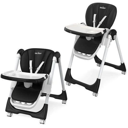 Baby high chair with adjustable recline & height, ideal for infant feeding. Safety harness & easy clean.