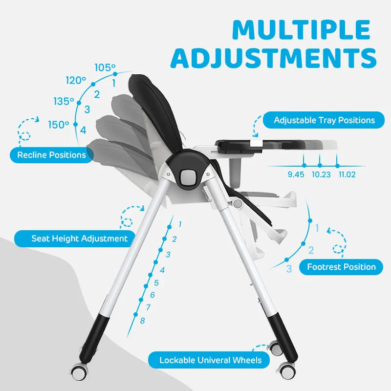Easy clean baby high chair with height adjustment for versatile nursing & feeding positions.