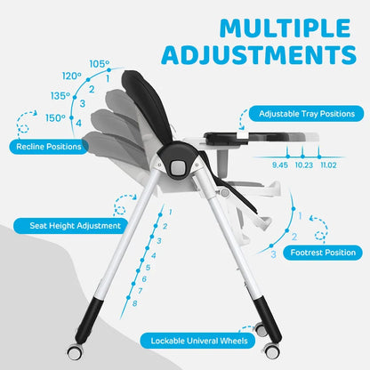 Easy clean baby high chair with height adjustment for versatile nursing & feeding positions.